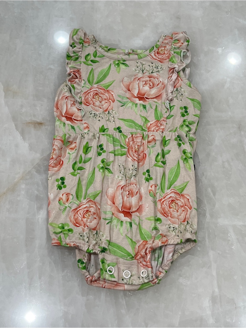 LEV Baby Floral Ruffle Baby One-Piece Romper - Pink & Green